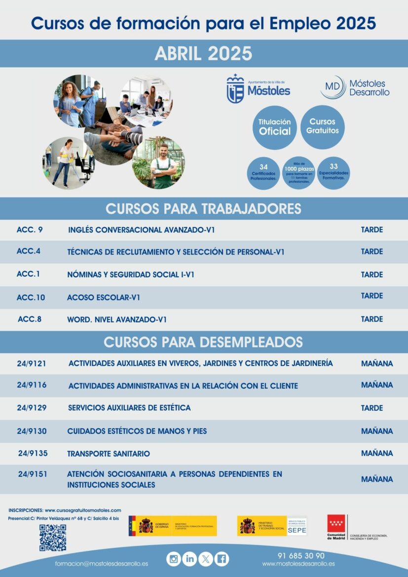 Móstoles ofrece en abril 11 cursos gratuitos para desempleados y ...