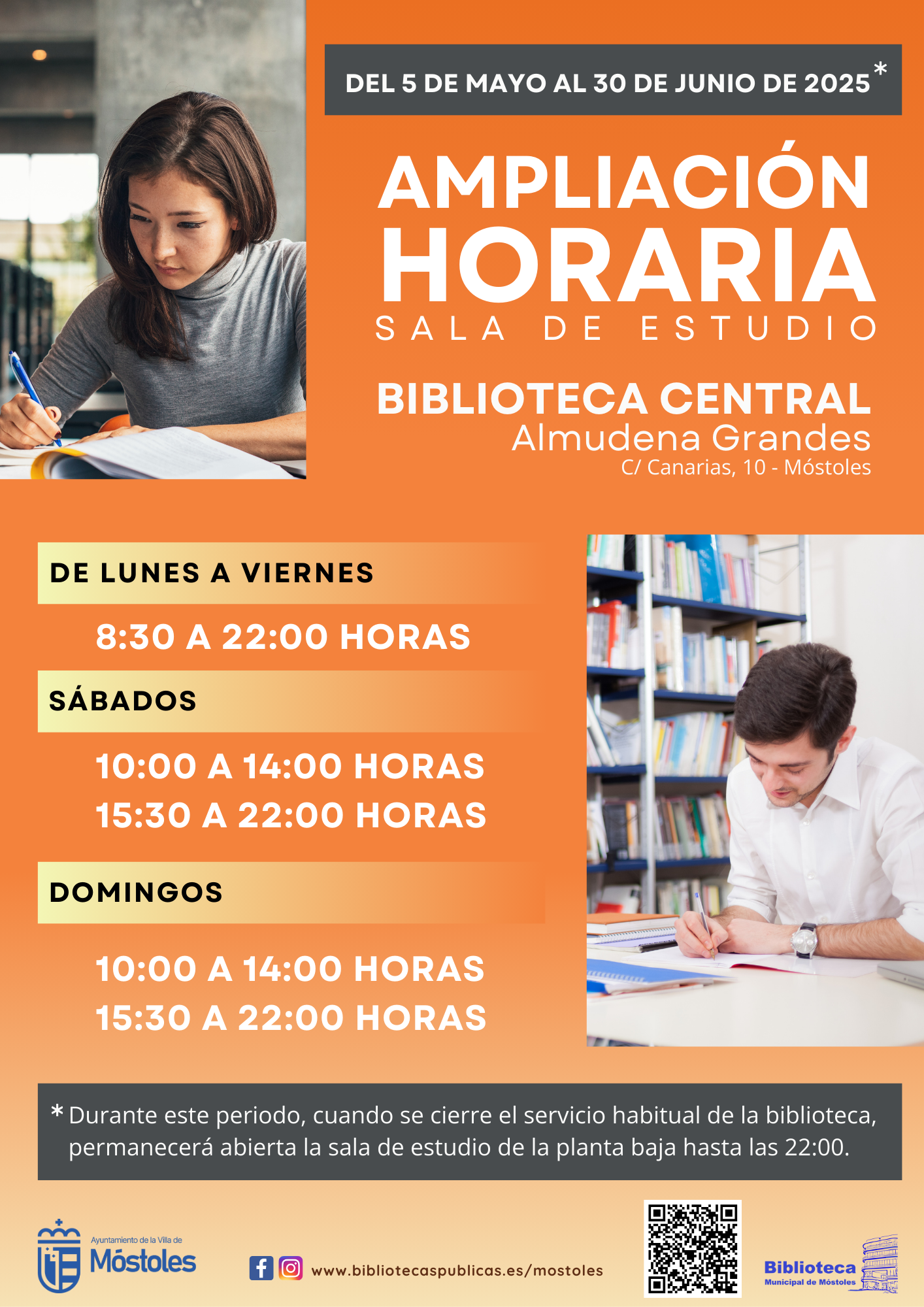 Las salas de estudio de las bibliotecas Central y Coimbra de Móstoles amplían su horario por los exámenes
