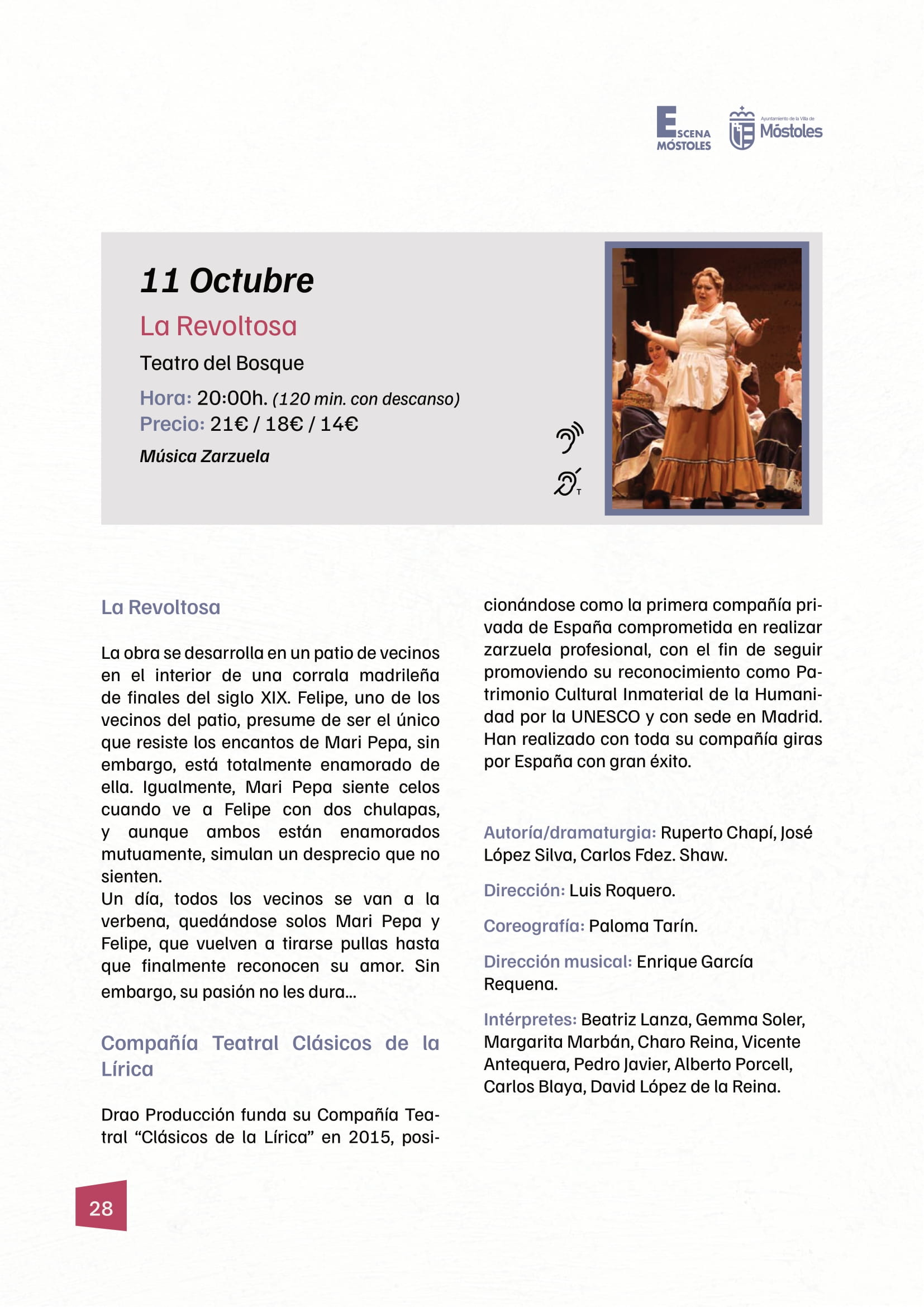 La zarzuela “La revoltosa”, una clase magistral del bailaor Jesús Carmona y la II Feria del Libro marcan la semana cultural de Móstoles
