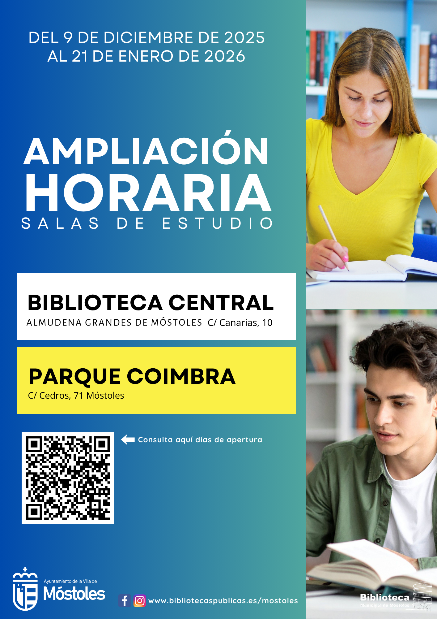 Móstoles refuerza el horario de las salas de estudio de la Biblioteca Central y de Parque Coimbra durante la época de exámenes