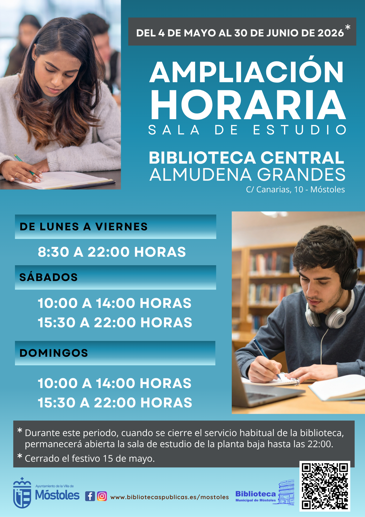 El Ayuntamiento de Móstoles amplía el horario de las salas de estudio de la Biblioteca Central y de Parque Coimbra