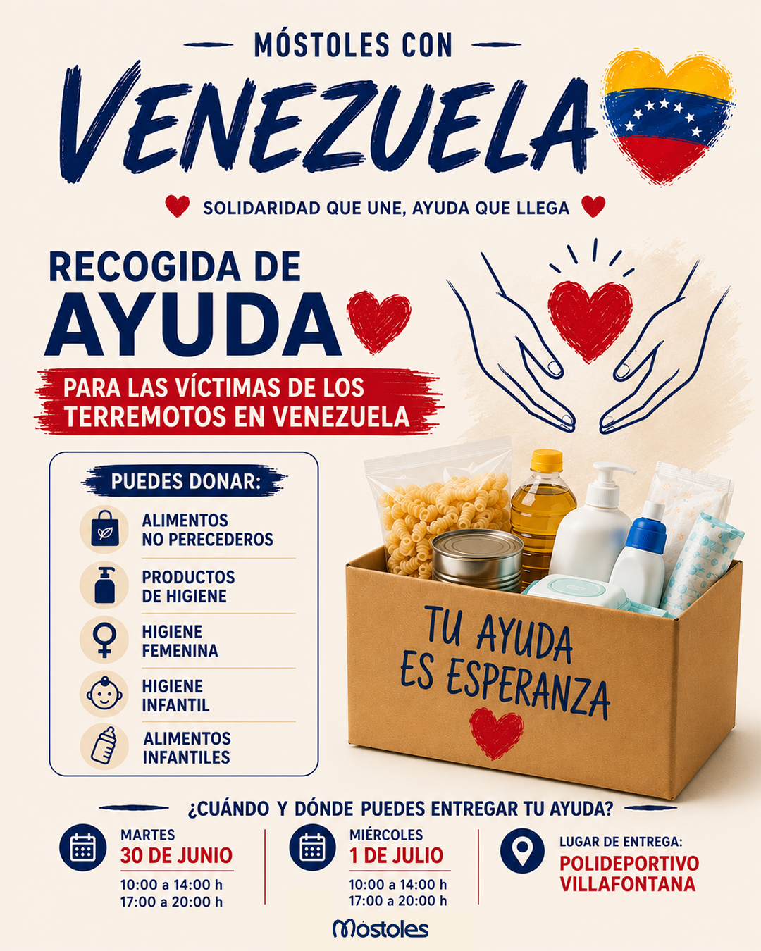 El Ayuntamiento de Móstoles promueve la recogida de alimentos no perecederos y productos de higiene para enviar a Venezuela